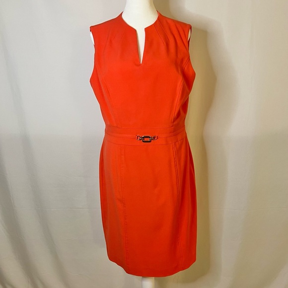 Tahari Arthur S. Levine Orange Sleeveless Dress with Gold Belt Buckle Size 10 - Picture 2 of 11